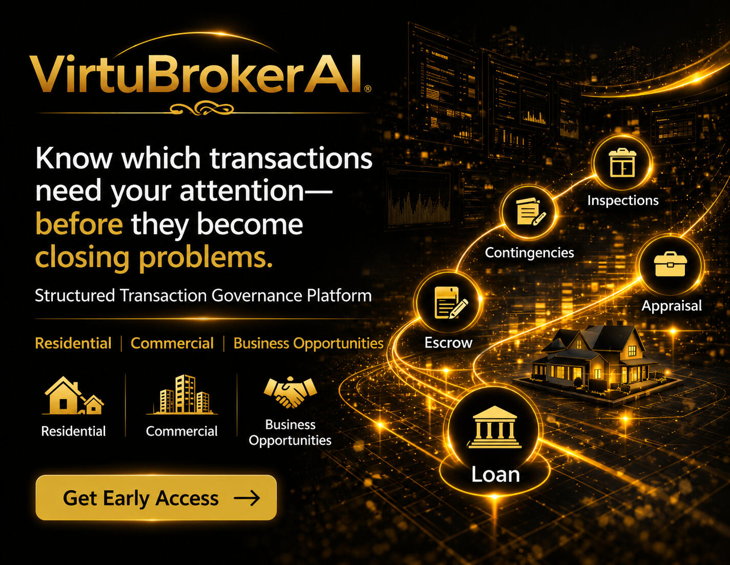 VirtuBrokerAI hero image showing transaction governance platform for real estate professionals.
